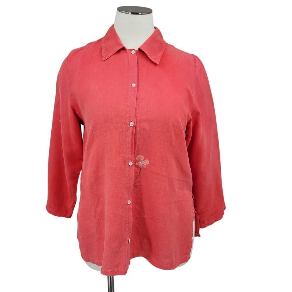 Liz and Jane Vintage Linen Artsy Long Sleeve Button Down Top Blouse XL